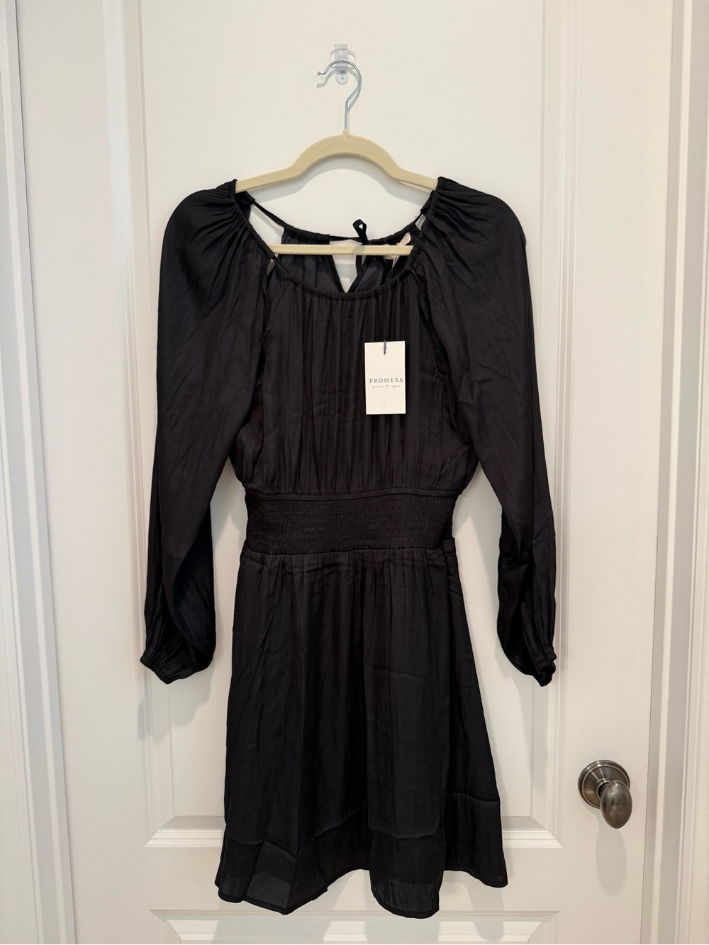Promesa Black Long Sleeve Smocked Waist Mini Dress NWT
